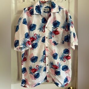 Uzzi Hawaiian Shirt Men’s Medium Flamingo Beach Aloha Casual Camp Blue Pink